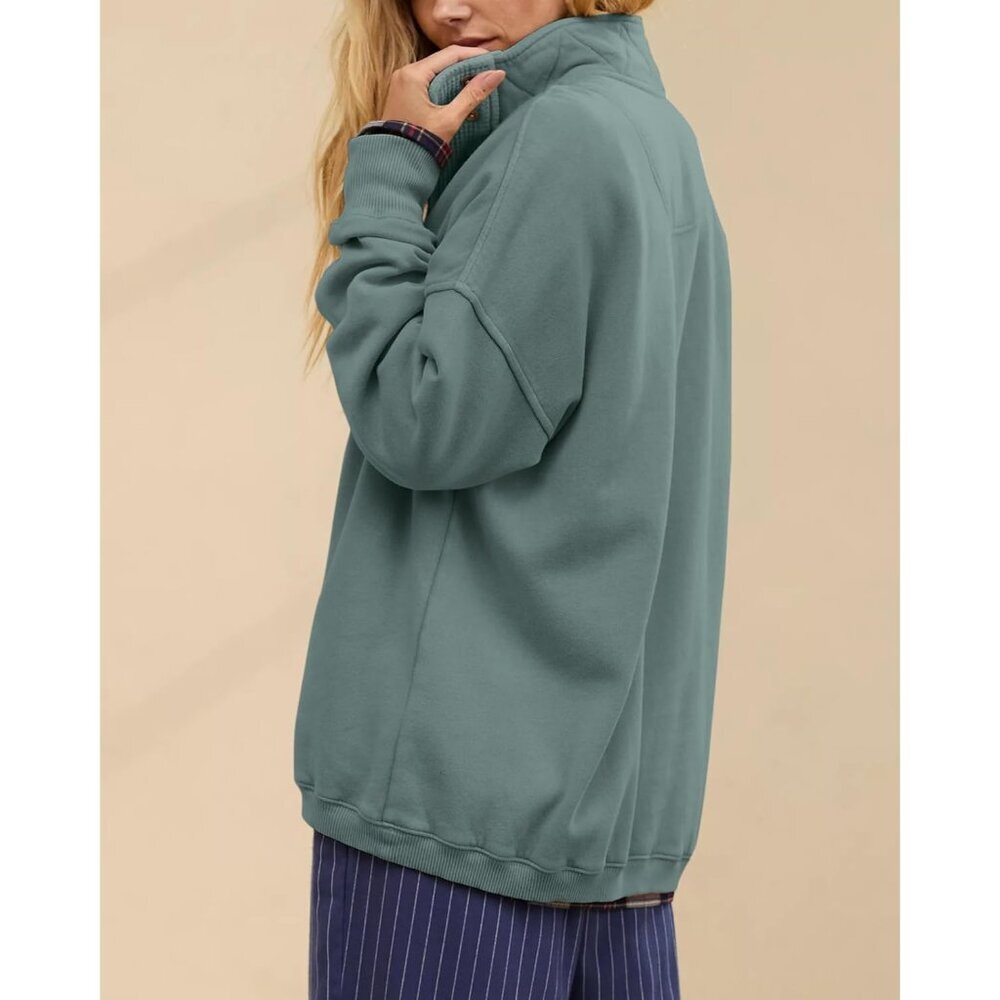 Women Mystical Green Oversized Casual Long Sleeve Henleyneck Pullover Sweatshirt - Picture 2 of 4